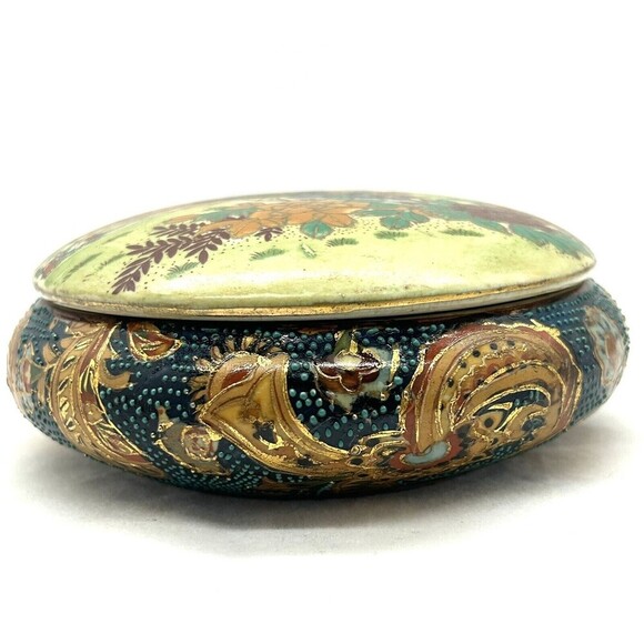 Asian Bowl w/ Lid Of Three Peacocks And Floral Outlined In Gold Color. GARF1-2 - Picture 3 of 6